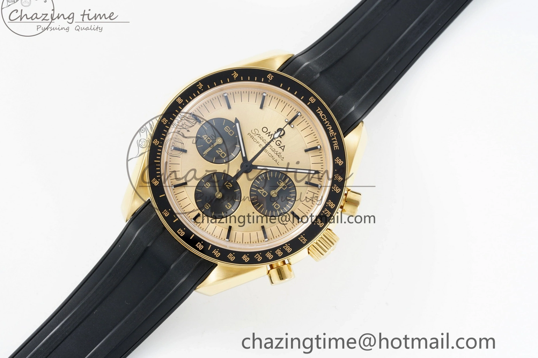 0421 TimelessDesign Speedmaster Moonwatch in Moonshine Gold YG RMF Best Edition YG Dial on Black Rubber Strap Manual Chrono 7834